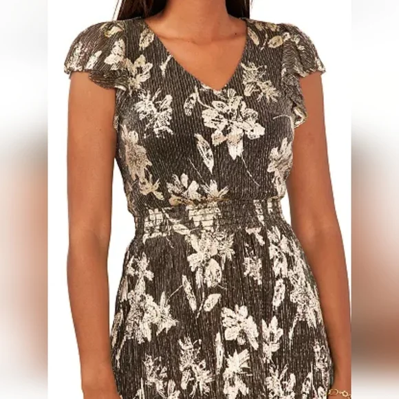 COPY - Vince Camuto Metallic Floral Print Flutter Sleeve Dress SZ LARGE REG PRI… - Picture 3 of 5